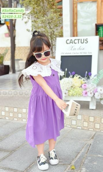 V00034 - Váy Sofia Candy tiểu thư trơn sắc màu phối cổ thêu trắng size 2-12y