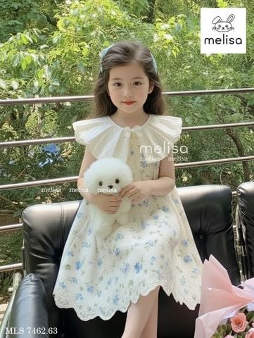 MLSDCC.7462 - Váy Melisa màu xanh hoa nhí cổ bèo trắng size 1-10y