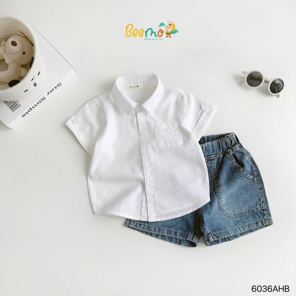 6036AHB - Áo sơ mi Beemo cổ đức, túi cách điệu size 1-6y