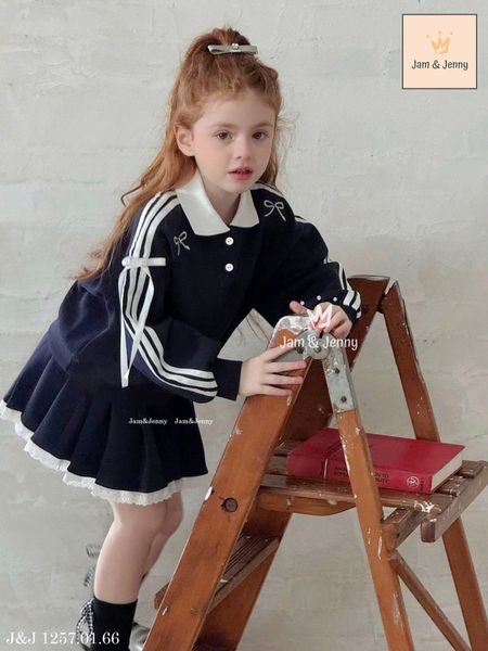 JJ 1257 - Set bộ nỉ da cá Jam & Jenny đính 1 bên nơ màu navy/ghi bé gái size 2-12y