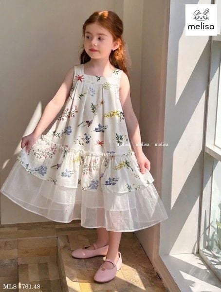 MLSDCC.7761 - Đầm 2 dây Melisa hoa chân phối voan trắng size 2-11y