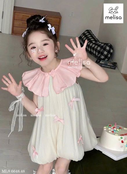 MLSDCC.6648 - Váy Melisa bí vải tơ đính nơ cổ sen hồng size 2-12y