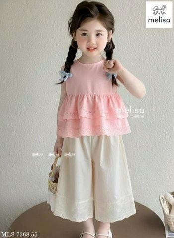 MLSBCC.7368 - Bộ Melisa áo hồng sát nách + quần ren kem bé gái size 2-12y