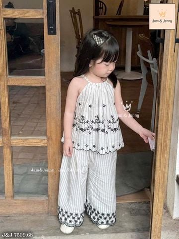 BJJTC.7509 - Bộ Jam & Jenny kẻ thêu ghi bé gái size 1-10y