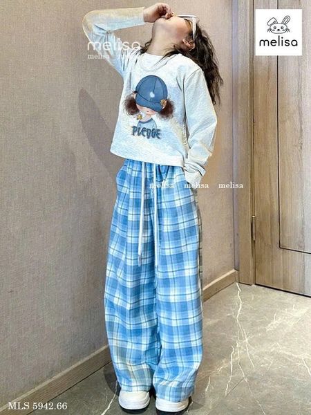 MLS 5942 - Bộ Melisa áo dài tay bé gái mũ xanh + quần kẻ xanh size 6-12y