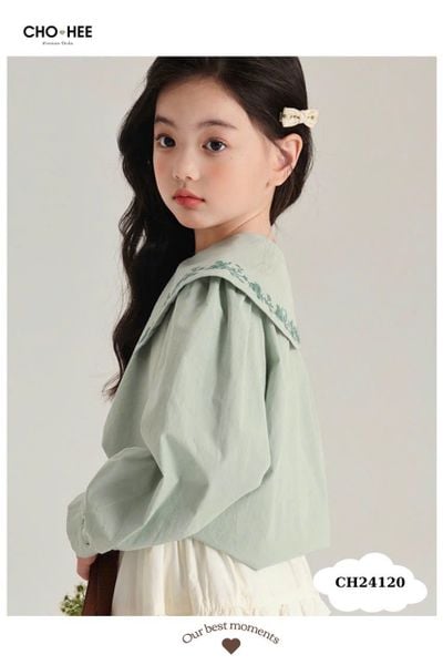 V00162 - Set Oli River áo sơ mi xanh mint thêu hoa cổ - chân váy trắng bèo tầng size 2 - 11y