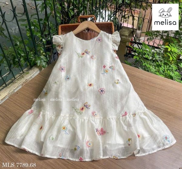 MLSDCC.7789 - Váy voan Melisa màu kem thêu hoa bướm tay cánh tiên size 1 - 10y