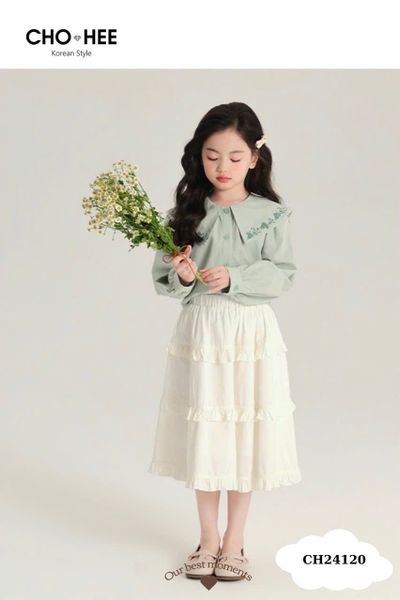 V00162 - Set Oli River áo sơ mi xanh mint thêu hoa cổ - chân váy trắng bèo tầng size 2 - 11y