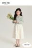 V00162 - Set Oli River áo sơ mi xanh mint thêu hoa cổ - chân váy trắng bèo tầng size 2 - 11y