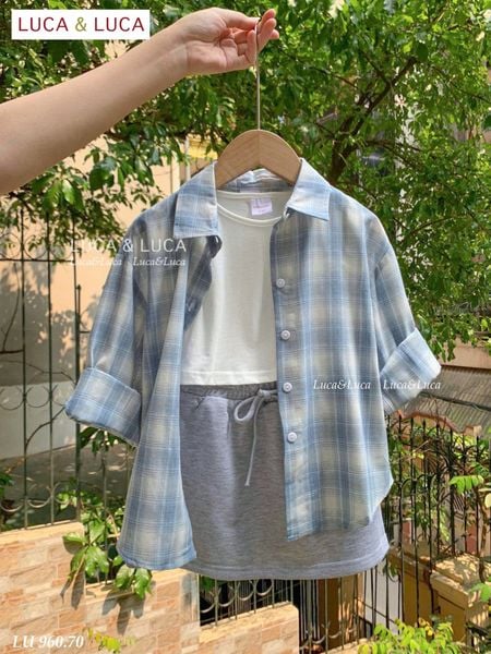 LU 960 - Set 3ct LUCA áo sơ mi caro xanh dài tay + áo trắng + chân váy bé gái size 2-12y