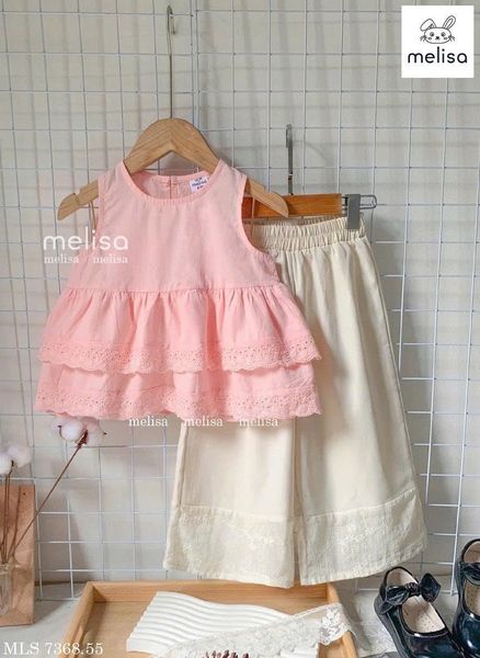 MLSBCC.7368 - Bộ Melisa áo hồng sát nách + quần ren kem bé gái size 2-12y