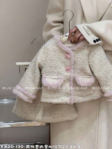 7123 - Set 2ct áo khoác + chân váy dạ tweed lót nỉ ấm màu be vàng size 90-130