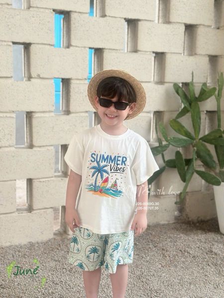 VJ115 - Bộ June with love áo cotton trắng Summer + quần lanh cây dừa size 1 - 10y