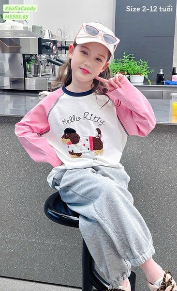 M5595 - Set Mia Kids áo thun trắng hình cún Hello Ritty tay hồng - quần nỉ màu ghi size 2 - 12y