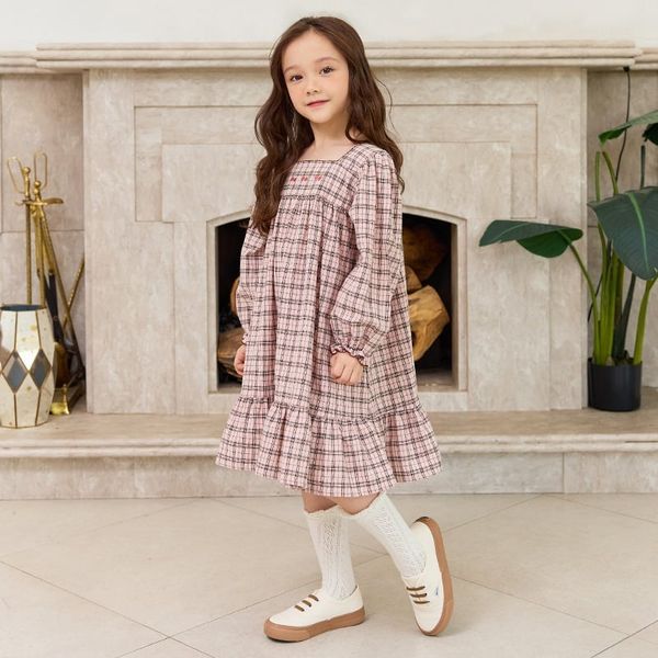 V00154 - Váy bebezoo kẻ caro hồng thêu cherry bé gái size 100-140