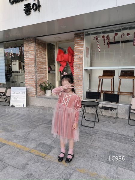 V00114 - Váy nhung phối chân voan 2 màu hồng / đỏ size 12m - 10y