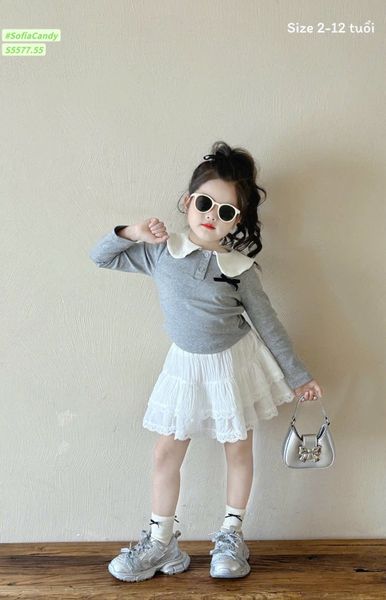 S5577 - Set bộ Sofia Candy áo ghi cổ trắng + chân váy tầng ren trắng size 2-12y