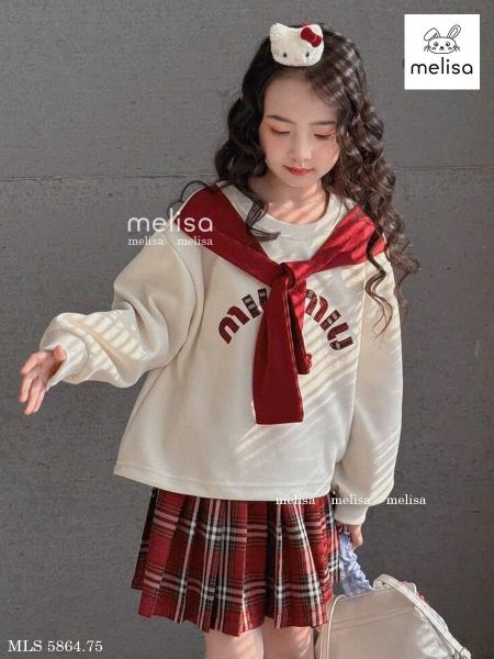 MLS 5864 - Bộ nỉ Melisa áo kem khăn đỏ + chân váy kẻ đỏ bé gái size 2-12y
