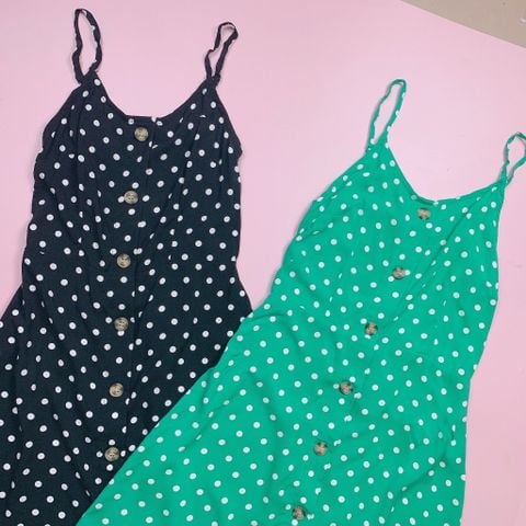 V00051 - Váy lanh hai dây 2 màu chấm bi BG size 5-14y (form bé)