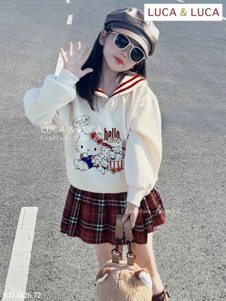 Lu 1626 - Bộ Luca áo cổ thủy thủ kitty + chân váy kẻ caro đỏ bé gái size 2-12y