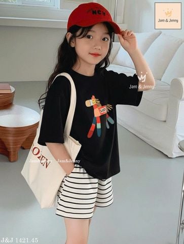 BJJCCĐ.1421 - Bộ Jam & Jenny áo đen ngựa + quần kẻ size 2-12y