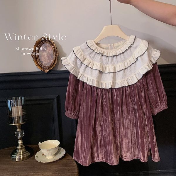 V00112 - Váy nhung lót nỉ màu hồng nâu cổ bèo trắng bé gái size 90-140