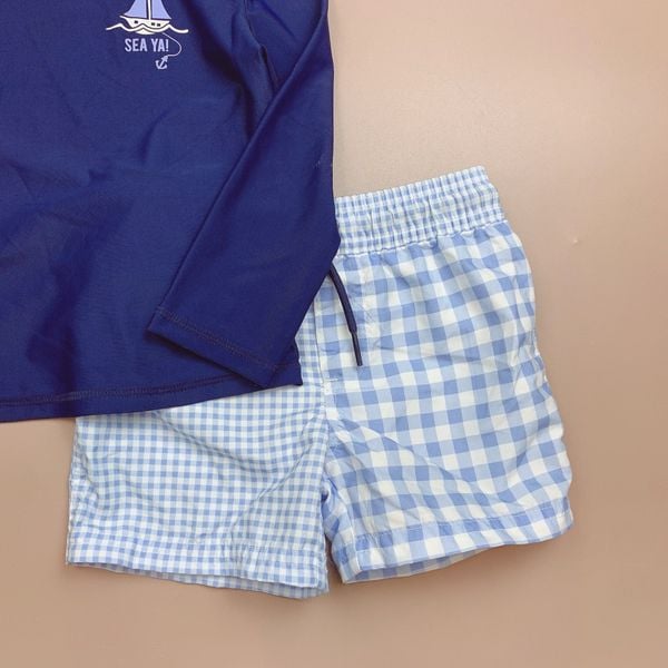 DB00058 - Bộ bơi áo dài tay màu navy hình thuyền Sea Ya - quần caro xanh trắng size 6m - 5y