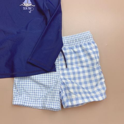 DB00058 - Bộ bơi áo dài tay màu navy hình thuyền Sea Ya - quần caro xanh trắng size 6m - 5y