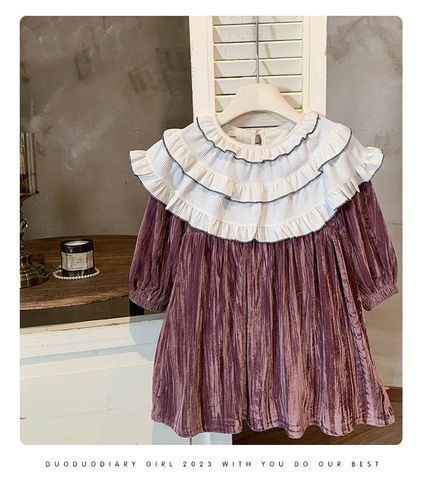 V00112 - Váy nhung lót nỉ màu hồng nâu cổ bèo trắng bé gái size 90-140