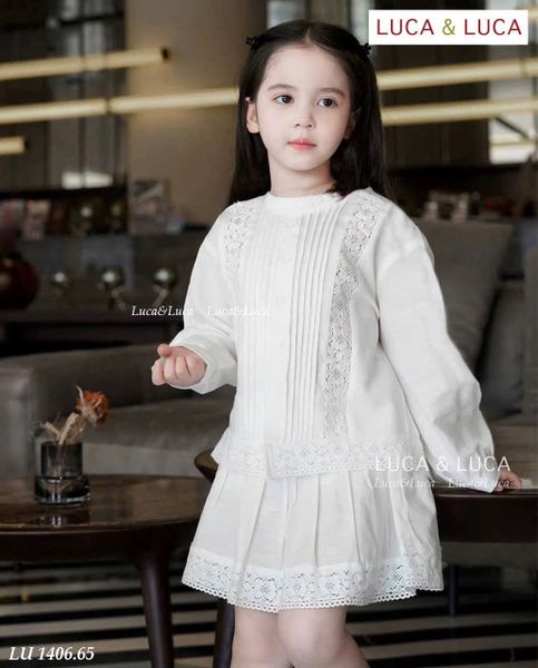 Lu 1406 - Bộ Luca áo + chân váy trắng phối ren bé gái size 2-12y