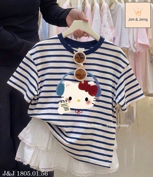 JJBCC.1805 - Bộ Jam & Jenny áo kitty kẻ + chân vay 2 màu size 2 - 12y