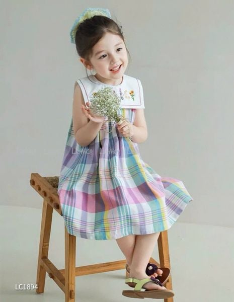 LC1894 - Váy Lennco kẻ caro sắc màu cổ yếm size 1-10y