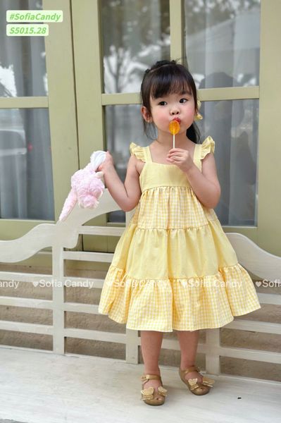 S5015 - Váy Sofia Candy hai dây cánh tiên kẻ phối tầng 3 màu bé gái size 1-10y