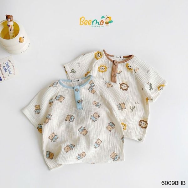 6009BHB - Bộ mặc nhà muslin Beemo áo họa tiết quần trơn size 1-5y