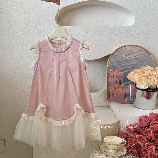 S3440 - Váy Sara Min thô cotton mix chân ren mềm 2 màu hồng/xanh bơ bé gái size 2-12y