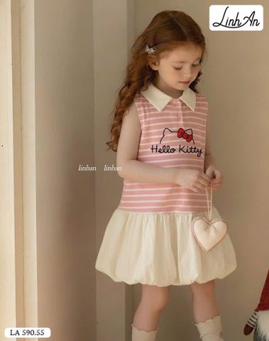 DLACC.590 - Váy Linh An sát nách thân kẻ hồng kitty phối chân bí kem size 2-12y