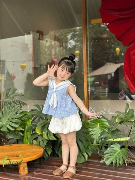 VJ145 - Set bộ June with love áo thủy thủ kẻ xanh + quần bí bé gái size 1-10y