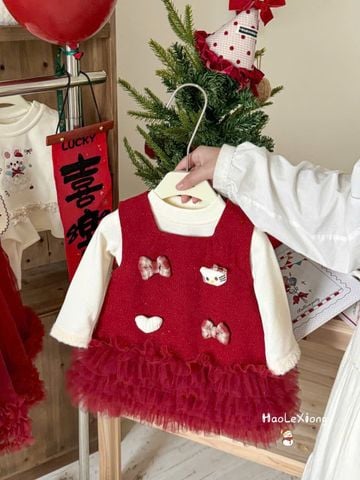 53655 - Set áo len + váy dạ màu đỏ cho bé size 73-100