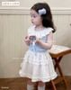 LU 983 - Set áo sát nách thun tăm màu xanh phối cổ ren trắng + chân váy thô trắng size 2 - 12y
