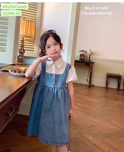 V00039 - Váy Sofia Candy jean phối cổ sơ mi trắng có tay size 2-12y