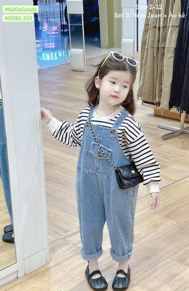 M5582 - Set Mia Kids áo thun kẻ trắng đen - quần yếm jean xanh size 2 - 12y