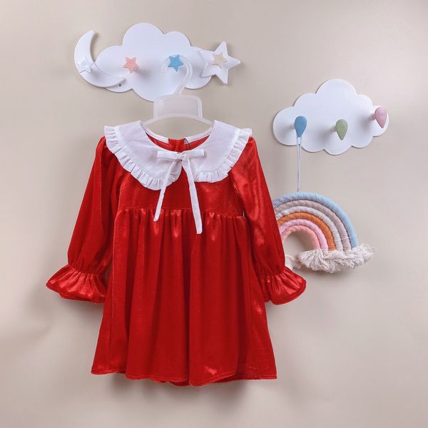 V00119 - Váy nhung đỏ phối cổ sen bèo trắng size 12m - 10y