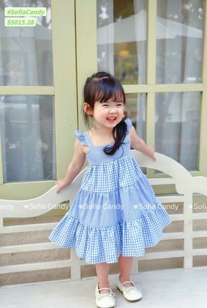 S5015 - Váy Sofia Candy hai dây cánh tiên kẻ phối tầng 3 màu bé gái size 1-10y