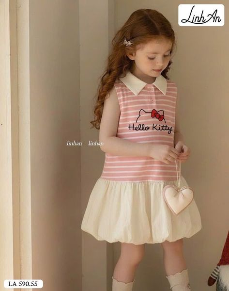 DLACC.590 - Váy Linh An sát nách thân kẻ hồng kitty phối chân bí kem size 2-12y