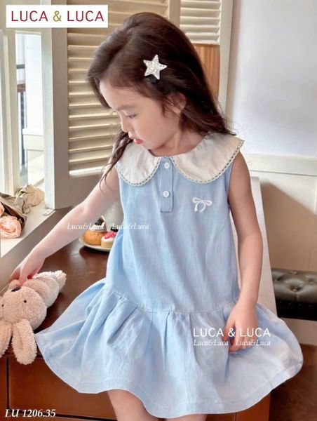 LU 1206 - Váy Luca sát nách cổ sen trắng thêu nơ ngực 2 màu hồng/xanh bé gái size 2-12y