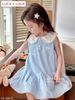 LU 1206 - Váy Luca sát nách cổ sen trắng thêu nơ ngực 2 màu hồng/xanh bé gái size 2-12y