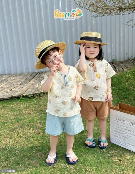 6009BHB - Bộ mặc nhà muslin Beemo áo họa tiết quần trơn size 1-5y