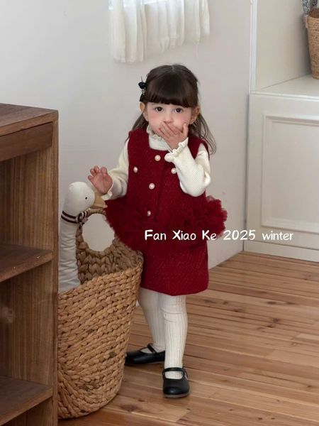 25223 - Set 3ct áo len + gile dạ + chân váy Fanxiaoke màu đỏ bé gái size 80-120