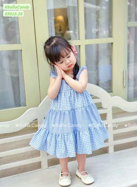 S5015 - Váy Sofia Candy hai dây cánh tiên kẻ phối tầng 3 màu bé gái size 1-10y