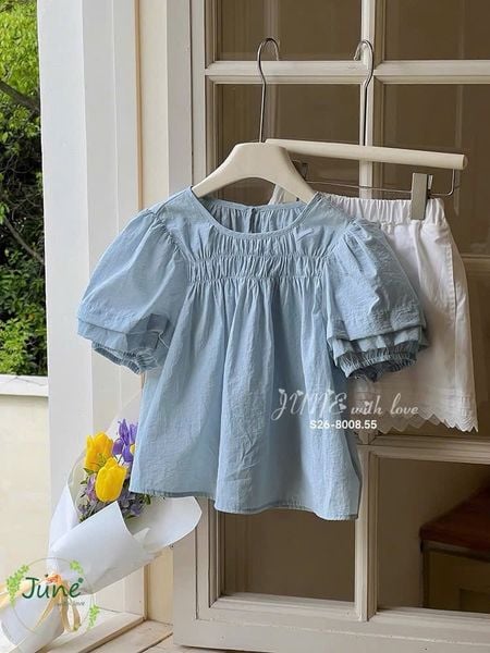 VJ135 - Set bộ thô June with love áo xanh cổ chun - quần trắng size 2 - 12y